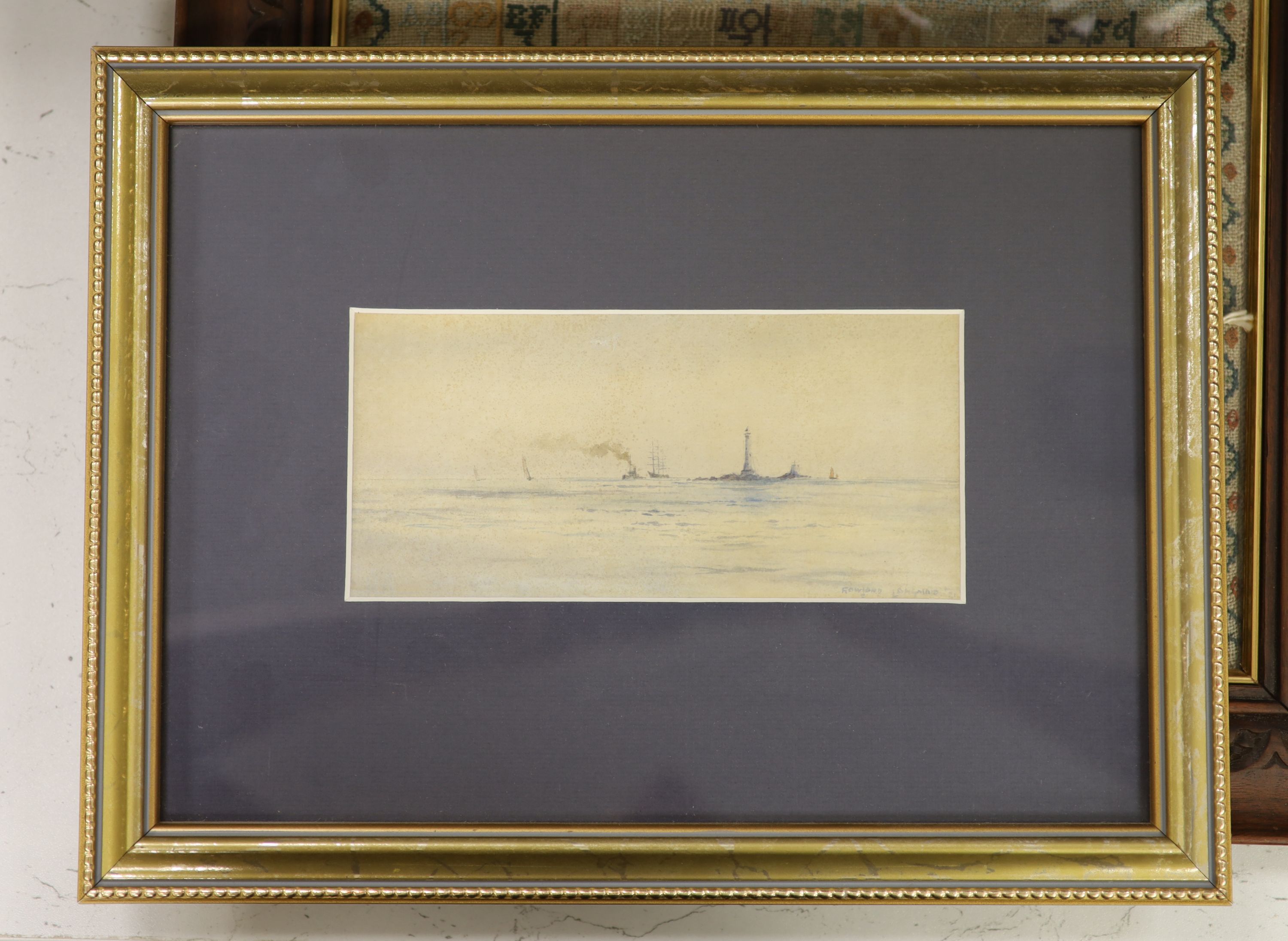 Rowland Langmaid (1897-1956), watercolour, Shipping passing Eddystone lighthouse, signed, 9 x 19cm